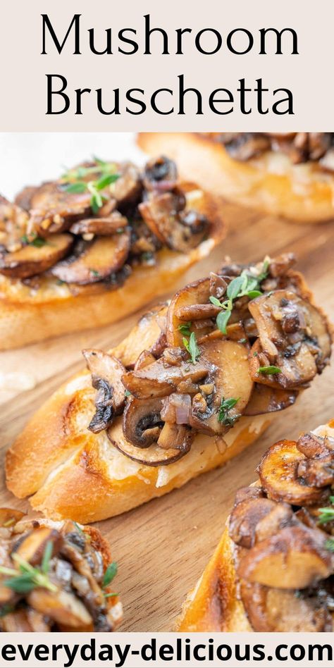 This mushroom bruschetta makes a delicious appetizer for your next get-together. The mushrooms are so good you will be snacking on them straight from the pan. Combine them with crispy baguette and flavorful Gruyere cheese and you’ll have a perfect appetizer that everyone will love! Mushroom Bruschetta Recipe, Mushroom Bruschetta, Mushroom Appetizers, Mushroom Toast, Baguette Recipe, Quick And Easy Appetizers, Appetizer Bites, Starters Recipes, Delicious Vegetarian