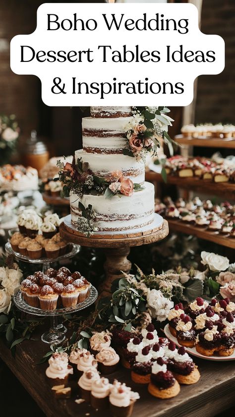 Boho wedding dessert table featuring a rustic cake display and an assortment of eclectic desserts with bohemian-inspired decorations. Boho Fall Wedding Dessert Table, Wedding Dessert Cart Ideas, Cake Table Boho Wedding, Wedding Cake Dessert Ideas, Sweet Table Wedding Rustic, Desserts Table Wedding, Round Dessert Table Display, Boho Party Cake, Cheap Wedding Food Ideas Receptions