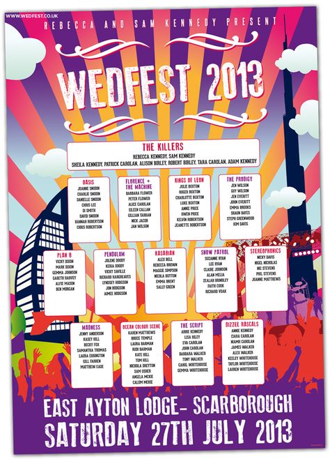 Summer Wedfest Dubai Themed Wedding Invites | WED FEST Rave Wedding, Wedding Table Plans, Music Festival Wedding, Festival Themed Party, Wedding Table Themes, Wedding Table Seating Plan, Festival Themed Wedding, Wedding Table Seating, Wedding Table Names