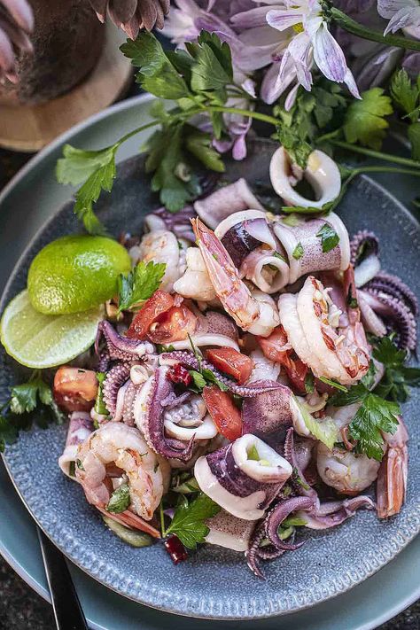 Authentic Thai Seafood Salad (Yum Talay) Thai Squid Salad, Asian Seafood Salad, Yum Talay Salad, Thai Squid Recipes, Thai Seafood Recipes, Thai Food Recipes Authentic, Thai Seafood Salad, Special Salad, Seafood Salad Recipe