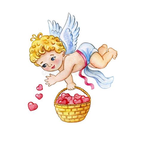 Watercolor Saint Valentines greeting card template for web and print. Cute little cupid drops hearts from wicker basket. Feast of. Saint Valentine advertising royalty free illustration Cupid Digital Art, Cupid Watercolor, Cupid Sticker, Cupid Illustration Cute, Cupid Graphic, Cupid’s Bow, Valentine Greeting Cards, Valentines Greetings, Greeting Card Template