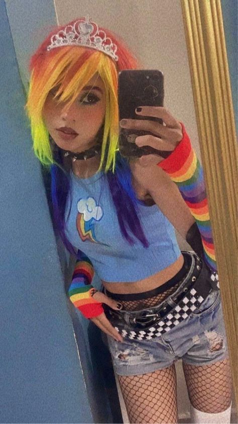 Rainbow Bright Cosplay, Scene Clothes Aesthetic, Scene Rainbow Hair, Scene Kid Shirt, Rainbow Dash Outfit Ideas, Short Hair With Two Long Strands, Bright Fashion Aesthetic, Rainbow Scene Outfit, Rainbow Dash Scene