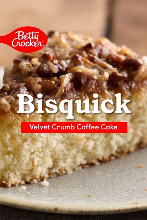 We have a delicious coffee cake recipe for you to try! This Bisquick Velvet Crumb Coffee Cake is a tried and true versatile recipe that is perfect for dessert or breakfast. The best part- it only takes 6 ingredients to make the cake! And, with only 20 minutes of prep time, you won’t hesitate when the family asks for more! Bisquick Velvet Crumb Cake Recipe, Velvet Crumb Cake, Bisquick Coffee Cake Recipe, Crumb Coffee Cakes, Breakfast Coffee Cake, Coffee Cake Recipes Easy, Crumb Cake Recipe, Coffee Cake Recipe, Bisquick Recipes