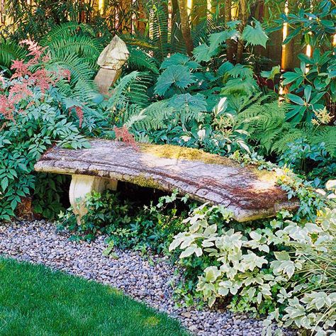 Curved bench in a shady garden border blends with its surroundings Small Garden Bench, Stone Garden Bench, Garden Benches, Concrete Bench, Stone Bench, Memorial Garden, Garden Seating, Garden Structures, Garden Cottage