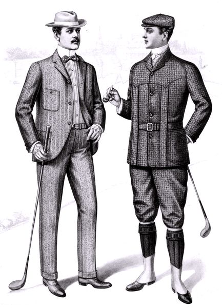 Fashion plate of men's golfing clothes, from the Sartorial Arts Journal, New York, 1901 1909 Fashion, Edwardian Era Fashion, Norfolk Jacket, Fashion History Timeline, 1890s Fashion, Womens Golf Fashion, Golf Attire, Vintage Golf, Fashion Journals