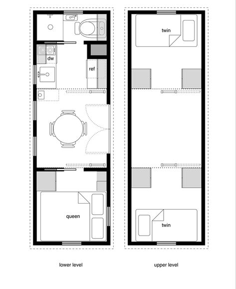 This is a nice, simple floor plan for micro living. I'm a little concerned that there are literally zero kitchen counters, but I guess the dining table would take care of that... - Nessa #tinyhomebedroomlayout Simple Floor Plans, Mini Loft, Tiny House Storage, Den Office, Gooseneck Trailer, Upstairs Loft, Loft Interior, Tiny House Layout, Small Cottages