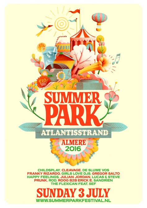 Artwork for a new festival in Almere, a city close by Amsterdam in the Netherlands. Because this is the first year of the festival, we tried to make an inviting image that could not be mistaken for anything else than a summer Festival poster. The image wa… Summer Festival Illustration, Festival Artwork, Festival Poster Design, Festival Logo, Festival Flyer, Event Posters, Music Festival Poster, Summer Poster, Event Poster Design