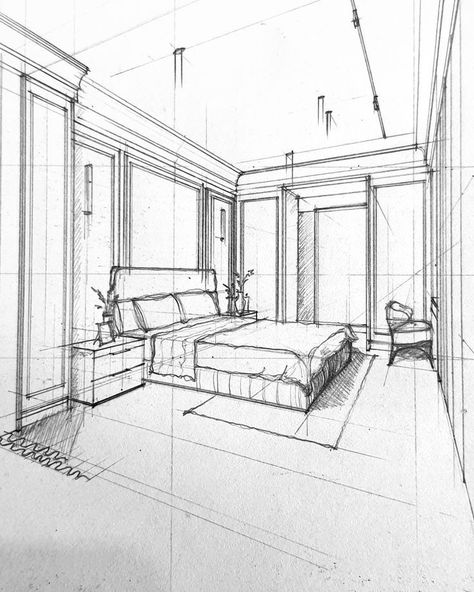 Interior Prespective Drawings, Sketches Of Interior Spaces, Interior Space Sketch, Interior Spaces Drawing, Interior Space Drawing, Space Sketches, Room Perspective Drawing, Croquis Architecture, Interior Architecture Sketch