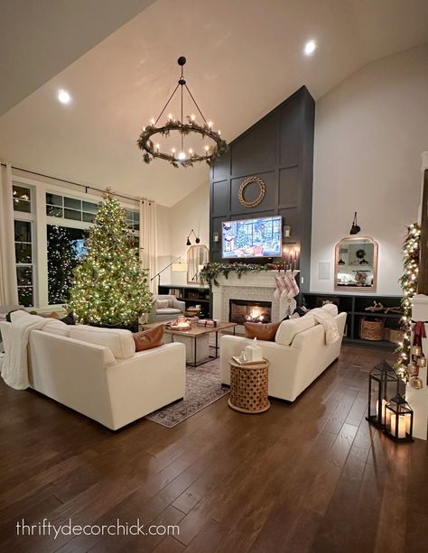 Our Festive Christmas Living Room {2022 Holiday Home Tours!} | Thrifty Decor Chick | Thrifty DIY, Decor and Organizing Christmas Tree Room Layout, Christmas Tree Set Up In Living Room, Two Christmas Trees In Living Room, Sloped Ceiling Living Room, Living Room 2022, Christmas Tree Living Room, Room Decorated For Christmas, Large Living Room Layout, Blogger Home