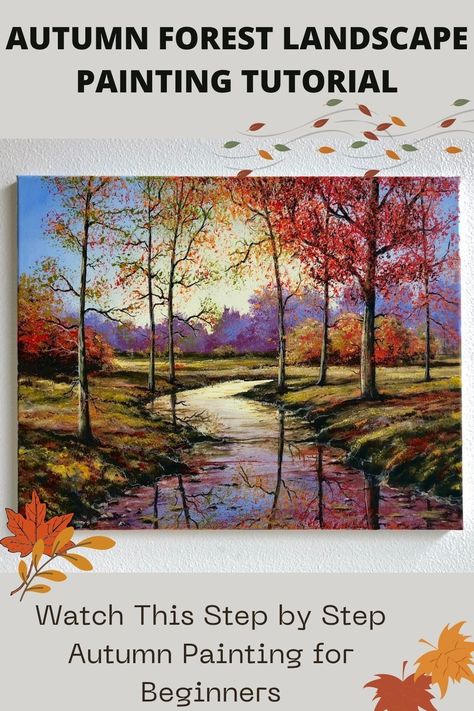 Covered Bridge Painting Tutorial, Step By Step Autumn Painting, Fall Landscape Painting Tutorial, Fall Painting Tutorial Step By Step, Autumn Landscape Painting Acrylic, Autumn Tree Drawing, Fall Painting Tutorial, Autumn Painting Ideas, Fall Trees Painting