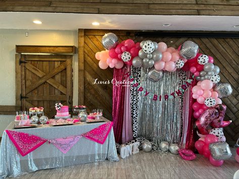 Glam Cowgirl Birthday Party, Disco Cowgirl Birthday Party Table Decor, Space Cowgirl Party Centerpieces, Cowgirl Disco Centerpiece, Sweet 16 Party Cowgirl, Disco Cowgirl Birthday Party One, Cowgirl 50th Birthday Party, Rhinestone Cowgirl Party Theme, Cowgirl Theme Party Ideas