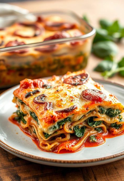 Spinach and Mushroom Lasagna Raw Vegan Lasagna, Spinach And Mushroom Lasagna, Vegan Eggplant Lasagna, Vegan Zucchini Lasagna, Spinach Mushroom Lasagna, Vegan Lasagna Recipe, Roasted Vegetable Lasagna, Vegetarian Lasagna Recipe, Mushroom Lasagna