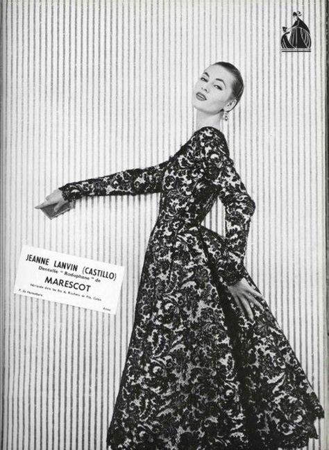 1954 Vintage Editorials, Vintage Evening Gowns, Fashion Decades, 1950��’s Fashion, Fashion Ads, Old Hollywood Style, Fashion Courses, Jeanne Lanvin, Lace Cocktail Dress