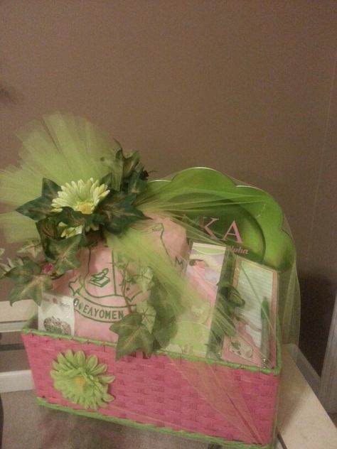 Made several gift baskets for "New Sorors" ;-) Pink And Green Gift Basket Ideas, Alpha Kappa Alpha Paddles, Green Gift Basket, Alpha Kappa Alpha Sorority Gifts, Aka Gifts, Alpha Kappa Alpha Shirt, Teacher Appreciation Luncheon, Aka Sorority Gifts, Birthday Basket