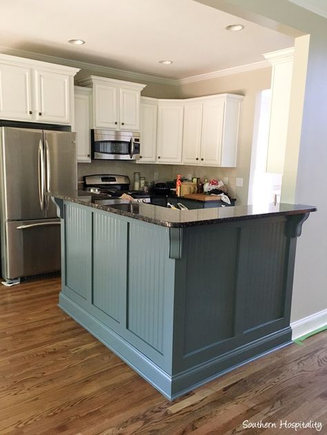 Adding Beadboard to the Bar - Southern Hospitality Kitchen Bar Paint Ideas, Beadboard Around Kitchen Island, Bottom Of Kitchen Island Ideas, Kitchen Bar Makeover, Knoxville Gray, Island Makeover, Beadboard Kitchen, Top Cabinets, Kitchen Island Makeover