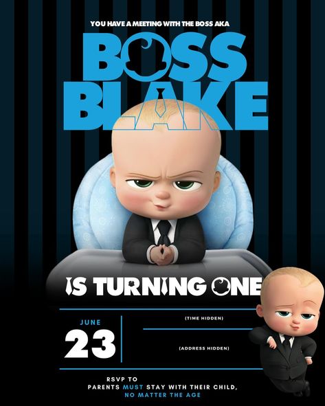 you have a meeting with the boos 👶🏼💙 a boss baby themed party invitation for my baby cousin! the party details are blocked out on purpose* ♡ service booked: eFlyer ♡ service available: dm or email for inquiry 👩🏾‍💻 #GRAPHICSBYLEEIGH Baby Boss Invitations, Baby Boss Invitations Templates Birthday, Boss Baby Birthday Invitation Card, Boss Baby Invitation Layout, Boss Baby Invitation Template Free, Baby Boss Birthday Party Theme, Baby Boss Birthday Invitation, Baby 1st Birthday Theme, Baby Boss Party