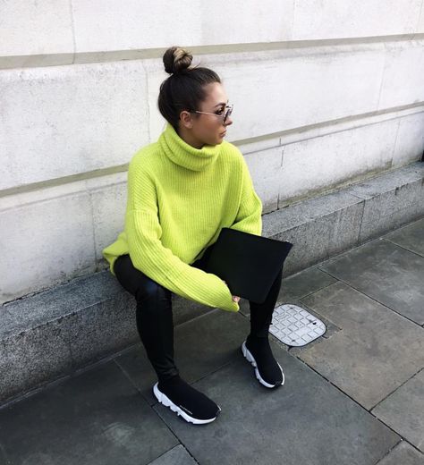 Lime Green Jumper Outfit, Neon Yellow Sweater Outfit, Balenciaga Speed Trainer Outfit Girl, Neon Sweatshirt Outfit, Balenciaga Speed Outfit Women, Neon Green Sweater Outfit, Lime Sweater Outfit, Neon Sweater Outfit, Balenciaga Speed Outfit