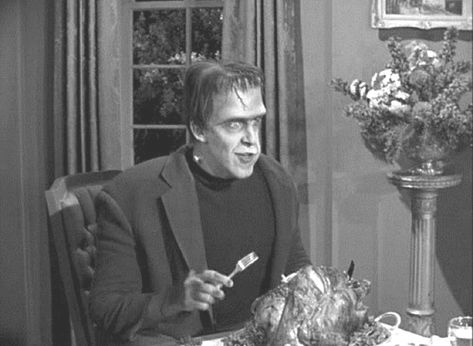 Herman Munster is already eating his Thanksgiving turkey. Goth Thanksgiving, 1313 Mockingbird Lane, Herman Munster, Black Sheep Of The Family, The Munster, Yvonne De Carlo, Female Vampire, The Munsters, Classic Television