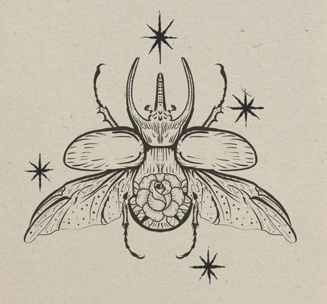 Insects Tattoo Design, Winged Beetle Tattoo, Bug Tattoo Stencil, Tattoo Ideas Bugs, Talavera Tattoo, Beetle Sketch Tattoo, Line Work Bug Tattoo, Beetle Tattoos, Gothic Bug Tattoo