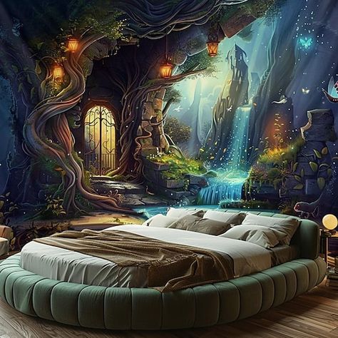 Dream Tree House, Forest Room Decor, Forest Room, Fantasy Dream, Dream Bedroom Inspiration, Large Tapestry, Wall Panels Bedroom, Wall Panel Design, Large Tapestries