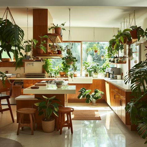 Mid Century Modern With Plants, Small 70s Kitchen, Mid Century Modern Loft Apartment, Mcm Kitchen Island, Mid Century Modern Home Design, Scandi Kitchen Design, Kitchen With Plants, Mid Century Decorating Ideas, Mid Century Modern Kitchen Island