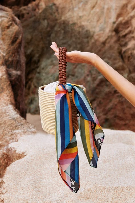 Cesta Collective Scarf / Rainbow Chevron Scarf On A Bag, Summer Silk Scarf, Handbag With Scarf, Scarf Campaign, Campaign Moodboard, Beach Capsule, Scarf On Bag, Riviera Fashion, Chevron Scarves