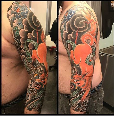 Kitsune tattoo cover up by Ronny lee Reyes Kitsune Sleeve Tattoo, Japanese Kitsune Tattoo, 9 Tailed Fox Tattoo, Kitsune Tattoo, Japanese Dragons, 9 Tailed Fox, School Japanese, Mangas Tattoo, Fox Tattoo Design