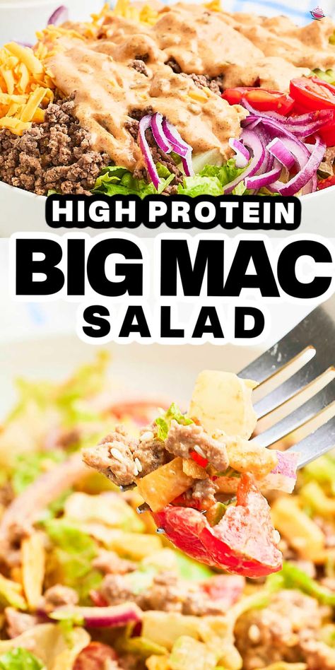 Who says salads have to be boring? Swap your burger for a bowl and dive into this delicious homemade Big Mac salad. It's loaded with all the classic flavors you love - juicy beef, sharp cheddar cheese, crunchy pickles, and a spot-on Big Mac sauce that you can whip up right at home. #cheerfulcook #copycatrecipe #bigmacsalad #groundbeefsalad #betterthantakeout #easyrecipes #salad via @cheerfulcook Low Carb Big Mac Bowl, Big Mac Bowls Keto, Big Mac Salad Low Carb, Big Mac In A Bowl Keto, Cheese Burger Salad Keto, Keto Burger Salad, Big Mac Bowls Healthy, Vegetarian Big Mac Salad, In A Bowl