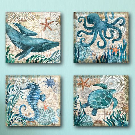 Pictures For Bathroom Walls, Wal Art, Beach Theme Decor, Turtle Painting, Monterey Bay, Seashell Crafts, Canvas Decor, Nautical Decor, Sea Animals