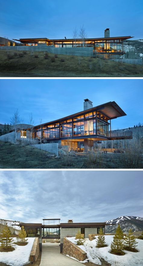 Architecture firm Olson Kundig have designed this modern industrial house in the mountains of Idaho, that has a 25ft pivoting glass wall that opens using a counterbalance. Modern Industrial House, Architecture Mountain, House In The Mountains, Glass Wall Design, Modern Mountain House, Olson Kundig, Modern Mountain Home, Mountain Modern, Modern Mountain