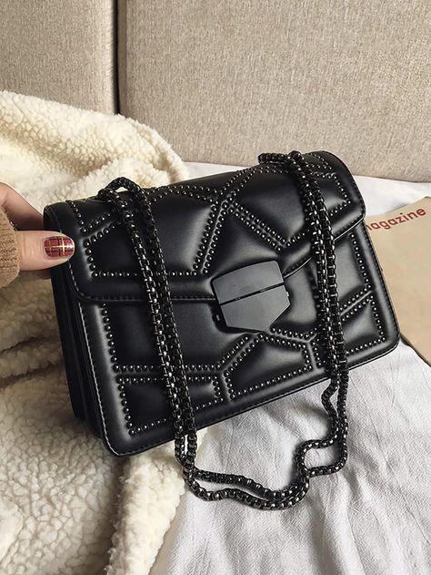 Studded Geometric Graphic Chain Flap Square Bag | SHEIN USA Hand Bags For Women, Beg Tangan, Chain Pattern, Novelty Bags, Quilted Crossbody Bag, Cute Bags, Womens Purses, Chain Shoulder Bag, Square Bag