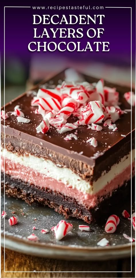 This holiday-inspired dessert combines the rich flavors of chocolate and peppermint in a luscious, no-bake treat. Layers of smooth cream cheese, chocolate pudding, and a crunchy Oreo crust are topped with whipped cream and festive peppermint candies, creating a delightful dessert that's perfect for any occasion. 7 Layer Dessert Cool Whip, Chocolate Peppermint Tart, Peppermint Chocolate Mousse, Peppermint Oreo Dessert, Chocolate Peppermint Lasagna, Chocolate Peppermint Dessert Recipes, Christmas Layered Dessert, Chocolate Layered Pudding Dessert, Chocolate Peppermint Desserts