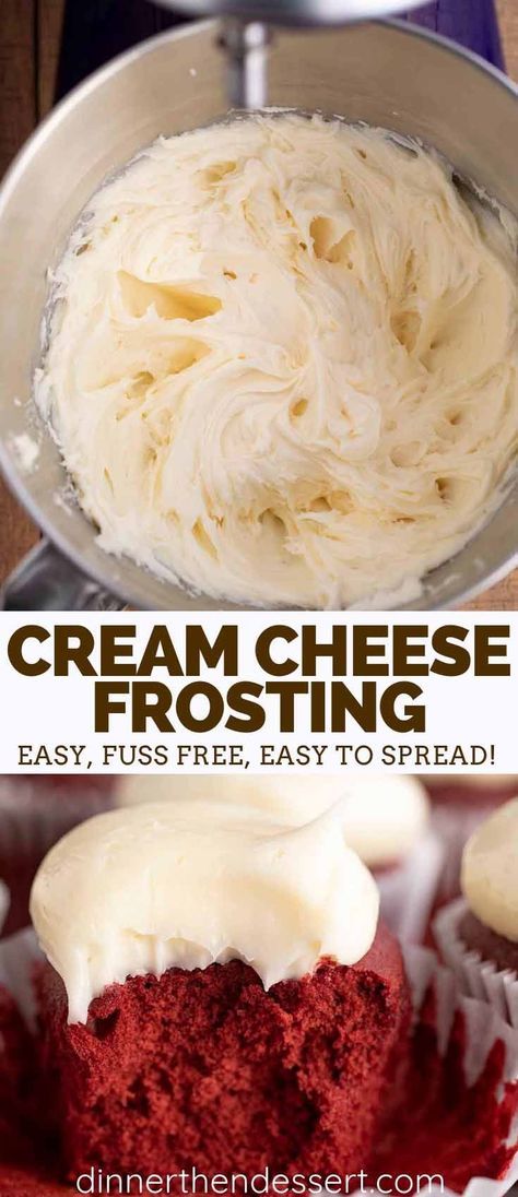 Cream Cheese Frosting made with just 5 ingredients is rich and creamy, PERFECT for cakes or cupcakes, and ready in under 10 minutes! #frosting #creamcheese #creamcheesefrosting #redvelvetcake #redvelvet #carrotcake #forcake #forcupcakes #forpiping #fordecorating #dinnerthendessert Cupcake With Cream Cheese Frosting, Frosting Cupcakes, Cream Cheese Frosting Easy, Whipped Cream Cheese Frosting, Cream Cheese Frosting Recipe, Cream Cheese Cookies, Easy Cream, With Cream Cheese Frosting, Cake Mix Cookies