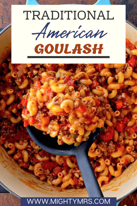 Traditional American Goulash is the perfect comfort food, just like Grandma made! A delicious meal made with bell peppers, onions, tomato sauce, diced or crushed tomatoes, Worcestershire sauce and elbow macaroni pasta. An easy dinner that tastes great and feeds a large family or a small crowd. Freezer friendly too. Ground Beef Goulash, Macaroni And Tomatoes, Old Fashioned Goulash, American Goulash, Goulash Recipes, Macaroni Pasta, Italian Spices, Elbow Macaroni, Goulash