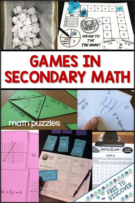 In this revised blog post, 8+ math games for the secondary math classroom are outlined. Middle school and high school teachers can stop by for a quick place to find fun, interactive games for their students. Some of these games include digital versions! Links to each game provide extensive information about how to play. Roundup post by Free to Discover. Math Games For High School, How To Make Math Fun, Math Photo Booth, Fun Middle School Math Activities, High School Math Classroom Setup, Math Activities High School Fun, Class Games High School, Teaching High School Math, Math Art Projects Middle School