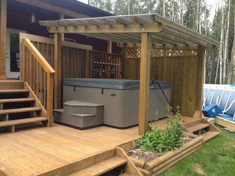 Deck Around Hot Tub Ideas, Roof Over Hot Tub Ideas, Back Deck Oasis Ideas, Diy Hot Tub Pergola, Hot Tub Deck Ideas Privacy, Covered Porch Hot Tub Deck Design, Deck Patio Combo Ideas With Hot Tub, Hot Tub Enclosure Ideas Backyard, Hot Tub Covered Patio