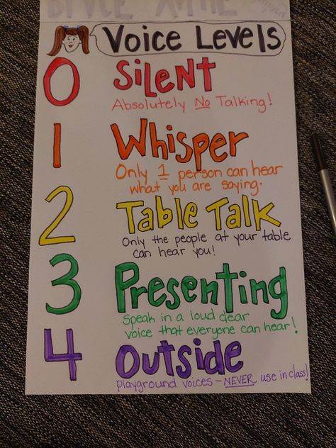 Voice Level Anchor Chart, Voice Levels In The Classroom, 3rd Grade Anchor Charts, Voice Level Chart, Voice Level Charts, Outside Playground, Voice Levels, Math 8, Poster Ideas