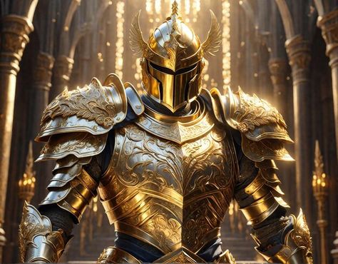 Photo a knight in a shiny golden armor | Premium Photo #Freepik #photo Knight And Shining Armor, Golden Armor Female, Golden Knight Fantasy Art, Golden Armor Fantasy Art, Gold Knight Fantasy Art, Golden Armor, Warrior Concept Art, Premium Photo, Concept Art