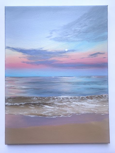 Acrylic Paintings Ideas Nature, Painting Ideas On Canvas 12x16, Painting Ideas On Canvas Aesthetic Beach, Pastel Ocean Painting, Acrylic Painting Pastel Colors, Sea And Sky Painting, Colorful Beach Painting, Sunset Beach Acrylic Painting, Pastel Ocean Aesthetic