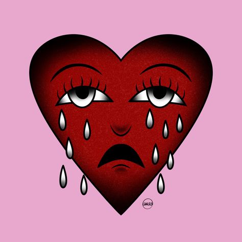 traditional tattoo style crying heart design, now available on my redbubble🫶🏻🫶🏻 Traditional Heart Face Tattoo, Creepy Heart Drawing, Creepy Heart Tattoo, Heart With Face Drawing, Weeping Heart Tattoo, Heart With Face Tattoo, Crying Heart Old School, Crying Heart, Heart With Eyes