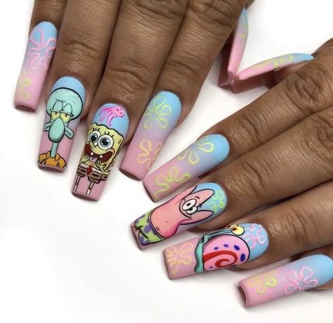 Spongebob Nails Designs, Nails Spongebob, Sponge Bob Nails, Nail Art Character, Summer Disney Nails, Disney Character Nails, Cartoon Character Nails, 90s Cartoon Nails Acrylic, Spongebob Nail Art