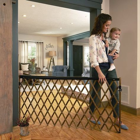 Evenflo Expansion Swing Wide Gate Extra-Wide Gate Farmhouse, Dark Wood Child Gate, Extra Wide Baby Gate, Cat Rooms, Wide Baby Gate, Garage Playroom, Diy Baby Gate, Open Floor Plans, Diy Room Divider, Baby Safety Gate