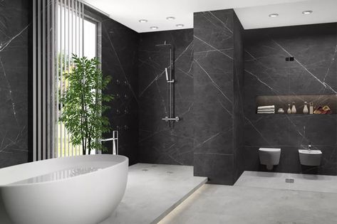 Epic Surface Pietra Gray porcelain stoneware slab Black And White Marble Bathroom, Grey Marble Bathroom, Black Marble Bathroom, Dark Gray Bathroom, White Marble Bathrooms, Bathroom Design Black, Bathroom Inspiration Modern, Washroom Design, Onyx Marble