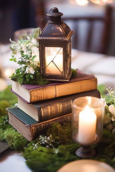 Book Table Decor Wedding, Book Decorations For Wedding, Wedding Decor Natural Elegant, Wedding Book Centerpieces, Wedding Decor With Books, Bookish Wedding Centerpieces, Fairytale Table Decor, Book Centerpiece Wedding, Centerpieces With Books