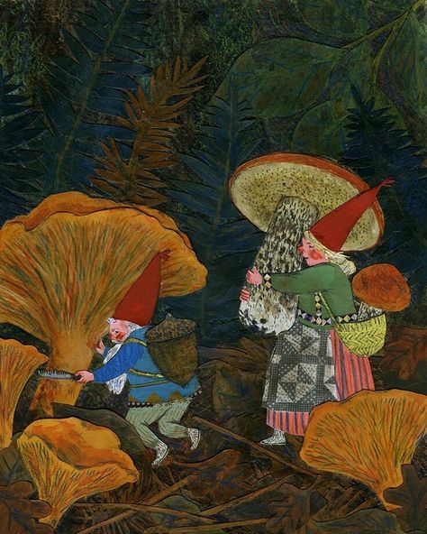 Gnomes picking mushrooms, boletus and chanterelle Phoebe Wahl, Watercolor Collage, 동화 삽화, Arte Grunge, Have Inspiration, Mushroom Art, The Harvest, Fairy Art, Childrens Illustrations