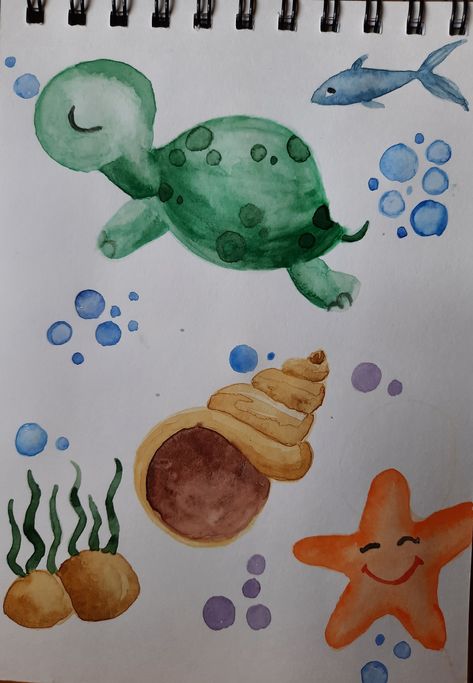 Easy Watercolor Turtle, Watercolour Turtle Easy, Easy Watercolor Animals For Beginners, Turtle Watercolor Painting, Watercolor Sea Animals, Diy Illustration, Watercolor Turtle, Watercolor Painting Easy, Drawing Pics