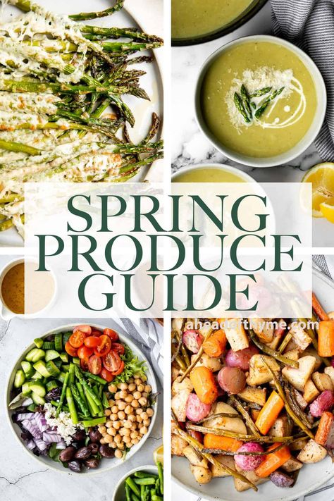 Wondering what fruits and vegetables are in season in the spring at your local grocery store or farmer’s market? We are sharing our complete Spring Produce Guide including a list of seasonal fruits and vegetables, tips when shopping for spring produce, and how to use spring veggies and fruit including all our favorite seasonal spring recipes. | aheadofthyme.com #springproduceguide #springvegetables #springfruits #springrecipes #springproduce #spring via @aheadofthyme Spring Vegetables In Season, April Produce In Season, May Produce In Season, Spring Produce In Season, May Seasonal Produce, Spring Fruits And Vegetables, Spring Fruits In Season, Farmers Market Recipes Spring, Spring Seasonal Foods