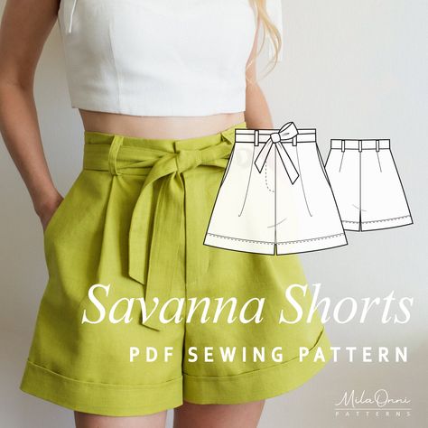 The Savanna shorts sewing pattern is a PDF pattern and has an advanced beginner level of difficulty.  Savanna is a stylish and comfortable pair of wide-leg shorts featuring functional side seam pockets. The front design includes two soft pleats at the waistline, directed towards the side seams, while the back features waist darts for a flattering fit. The waistband is designed with topstitched belt loops and sits at the natural waistline, fastening with a hook and eye. The shorts also feature a Easy Sew Shorts Women, Wide Shorts Pattern, Summer Shorts Sewing Pattern, Cute Sewing Projects Clothes, Shorts Sewing Pattern, Shorts Sewing, Waistband Design, Sewing Shorts, Wide Leg Shorts