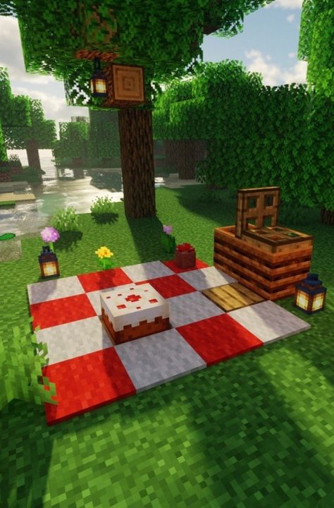 Picnic In Minecraft, Minecraft Building Ideas Picnic, Picnic Basket Minecraft, Picnic Ideas Minecraft, Minecraft World For Girlfriend, Minecraft Picknick Table, Cute Minecraft Date Ideas, Picnic Spot Minecraft, Cute Minecraft Picnic