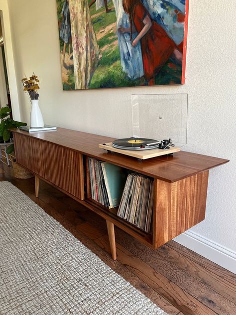 Vinyl Record Media Console, Tv Stand With Record Player, Mid Century African Living Rooms, Modern Record Console, Record Player Setup, Vinyl Record Furniture, Modern Record Player, Record Player Table, Vinyl Room